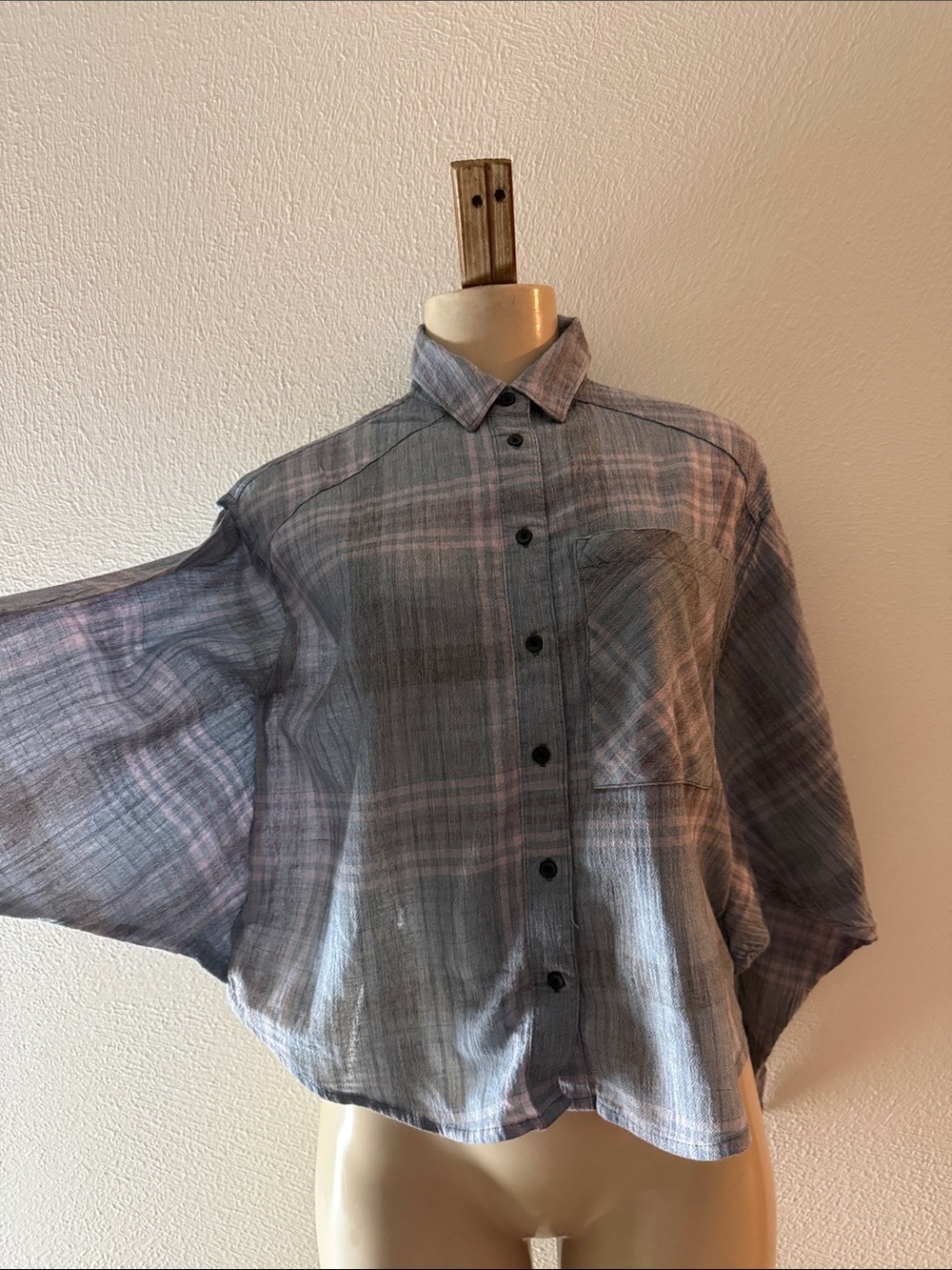 Free People Grey Plaid Button-Down Shirt XS